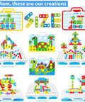 244 Piece Electric Screwdriver Building Kit For Kids 4 To 10 Years Old DIY Construction Blocks creations with animals and shapes.