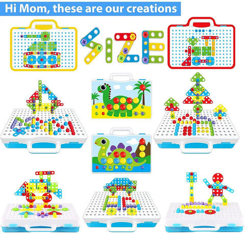 244 Piece Electric Screwdriver Building Kit For Kids 4 To 10 Years Old DIY Construction Blocks creations with animals and shapes.