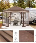 Pop Up Canopy Tent 10x12 With Mesh Walls Six Sides Gazebo set up outdoors, showing mesh sides and khaki and brown color