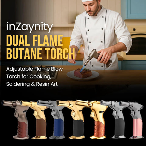 Chef using Dual Flame Butane Torch Gun For Cooking And Crafting Refillable Handheld Torch With Adjustable Flame And Ignition Lock Pro Grade