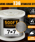 Rugged Marine Grade 1/8 Inch Stainless Steel Cable For Railing And Deck Fencing With Cutter, 500 Ft Roll, T316