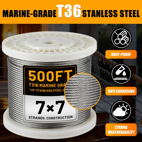 Rugged Marine Grade 1/8 Inch Stainless Steel Cable For Railing And Deck Fencing With Cutter, 500 Ft Roll, T316