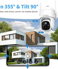 Solar Powered Wireless Outdoor Security Cam With 2K 3MP HD Video 360 Degree PTZ demonstrating pan and tilt over modern home.