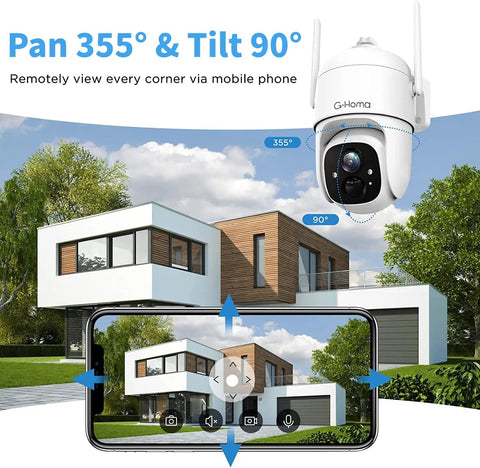 Solar Powered Wireless Outdoor Security Cam With 2K 3MP HD Video 360 Degree PTZ demonstrating pan and tilt over modern home.