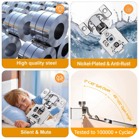 2 Pack 1/2 Inch Overlay Soft Close Cabinet Hinges With Clip On Plate, nickel-plated, durable, tested 100000 cycles