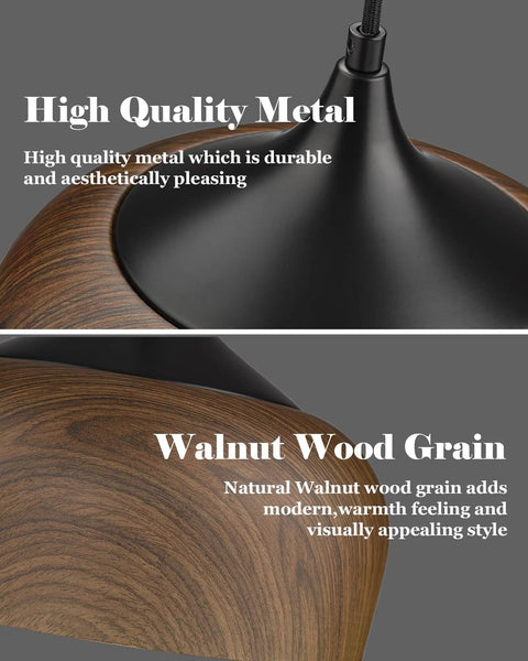 Modern Walnut Wood Dome Pendant Light Matte Black Metal With Warm Gold Interior adjustable view highlighting wood grain and metal finish.