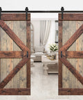 Solid Wood Double Sliding Barn Door Kit With Hardware Track 72 In Wide By 84 In High Two 36 Inch Panels In Walnut Brown Finish Pre Drilled