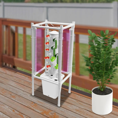 Vertical Hydroponic Grow Tower Kit with Four LED Lamps, Six Levels, Thirty Planting Points on Balcony