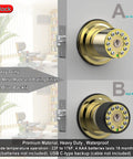 Smart Door Knob With Keypad And Key Keyless Entry Lock With Rubber Grip Auto Lock 50 User Codes Waterproof, Golden, two versions.