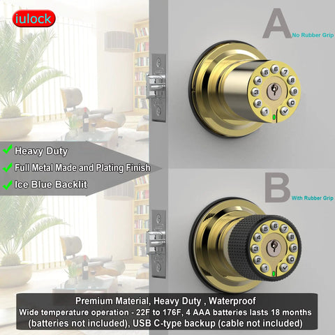 Smart Door Knob With Keypad And Key Keyless Entry Lock With Rubber Grip Auto Lock 50 User Codes Waterproof, Golden, two versions.