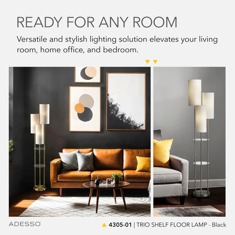 Three Light Floor Lamp With Pull Chain Operation, Two-Tier Storage, Black Base And Brown Textured Fabric Shades, 68 Inches Tall