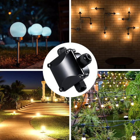 Outdoor IP66 Waterproof Junction Box Kit Of 4 With 3 Way Cable Connectors For 6mm To 10.2mm Cables with LED and landscape lighting.