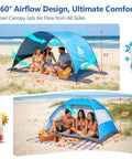 UPF 50 Plus Beach Tent Canopy With 360 Degree Ventilation Portable Sun Shade showcasing family use on a beach.