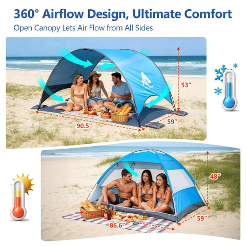 UPF 50 Plus Beach Tent Canopy With 360 Degree Ventilation Portable Sun Shade showcasing family use on a beach.