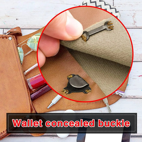 Wallet concealed buckle detail showing concealed hardware on fabric, useful for secure closures in accessories.