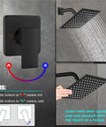 Matte Black 8 Inch Square Rainfall Shower Head Kit With Wall Mount Single Handle Valve And Trim A Dope Shower System For Your Bathroom Upgrade With Easy Install, showing shower head, valve, and cleaning instructions.