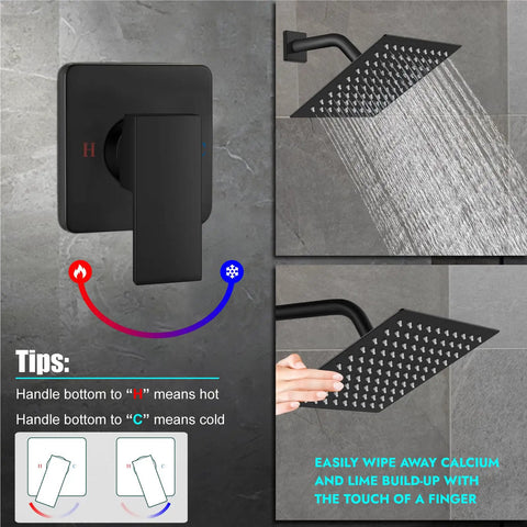 Matte Black 8 Inch Square Rainfall Shower Head Kit With Wall Mount Single Handle Valve And Trim A Dope Shower System For Your Bathroom Upgrade With Easy Install, showing shower head, valve, and cleaning instructions.