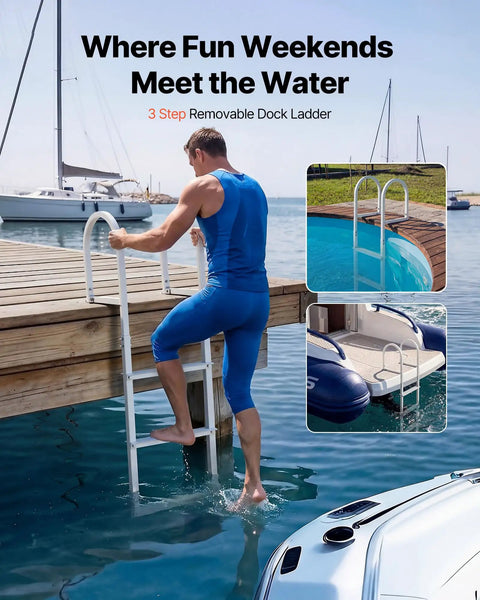 Removable 3 Step Aluminum Dock Ladder With Rubber Mat For Lake And Pool, Easy Mount Pontoon Boat Ladder For Marine Boarding, Heavy Duty 350 Lb Working Capacity, Sturdy Swim Ladder on dock
