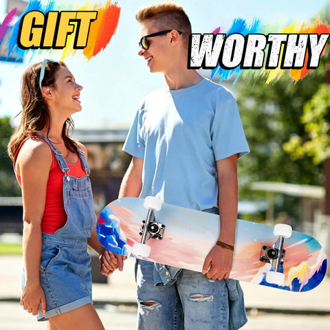 Smiling couple holding Beginner Friendly 31 Inch Pro Complete Longboard Skateboard For Riders Of All Ages Ocean Color.