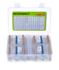 Front view of MOKMMKIT metal-film resistor kit in a clear case; 1500 resistors, 150 values, 1/4W 1% RoHS.