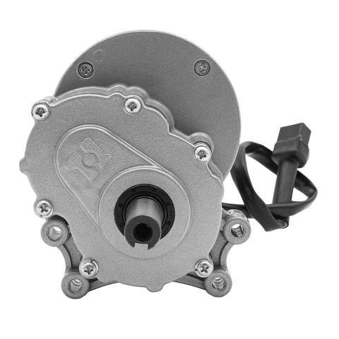 Front view of Powerful 250W 24V Brushed DC Gear Motor With Low Speed 75 RPM, copper aluminum build, for electric wheelchairs.