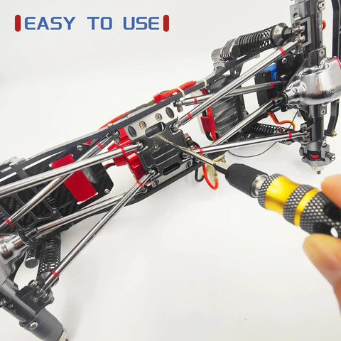 Using RC Model Repair Tools Kit 4 In 1 With One Quarter Inch Drive And Allen Keys 1.5mm 2.0mm 2.5mm 3.0mm on an RC car frame.