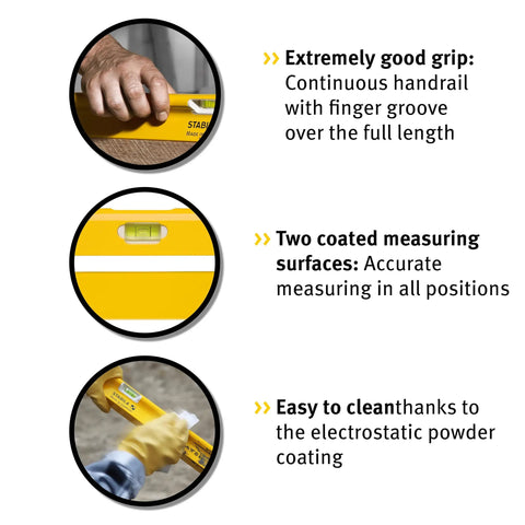 STABILA Type R 300 Spirit Level, 40 cm, showing hand holding with finger groove for better grip and usability.