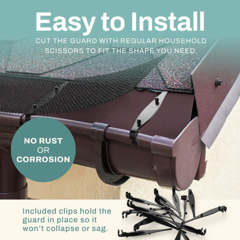 Close-up of 2 Pack Gutter Guard Mesh Shields for Leaves and Debris on gutter, rust-resistant black plastic, easy install, cut to fit