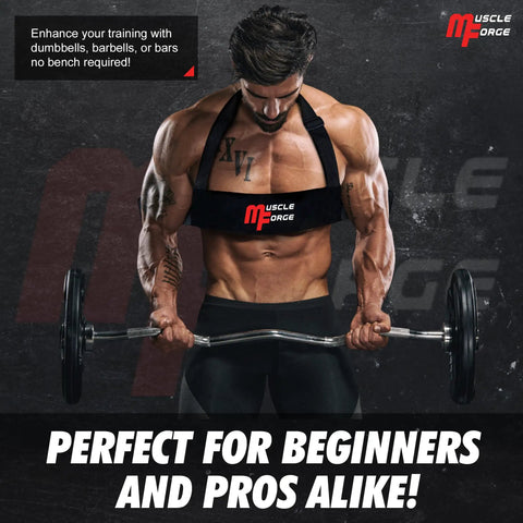 Man using Arm Blaster For Biceps And Triceps With Adjustable Straps, Bicep Curl Isolator And Elbow Fixer in gym setting.