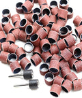 All In One Sanding Drum Kit For Dog Nail Grinder And Rotary Tool, 100 Pcs 80 Grit Sanding Bands With 1 8th Inch Mandrels, Pro Pet Grooming And DIY Woodworking Accessories Set. Image shows sanding bands and mandrels.