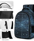 Lit Light Blue Celestial Star Chart Backpack for everyday use, showing handle, shoulder strap, smooth zipper, and side pockets.