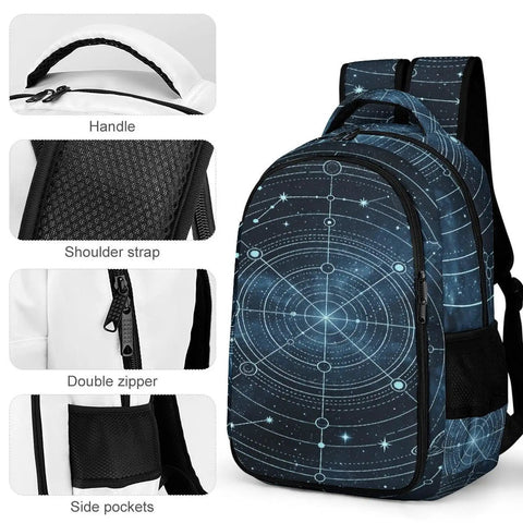 Lit Light Blue Celestial Star Chart Backpack for everyday use, showing handle, shoulder strap, smooth zipper, and side pockets.