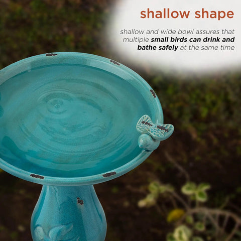 Shallow bowl of 25 Inch Tall Outdoor Ceramic Antique Pedestal Birdbath With Turquoise Finish And Two Playful Bird Figurines