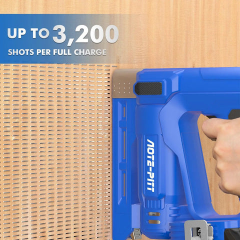 Cordless 20V 2 In 1 Staple And Brad Nail Gun for Upholstery and Woodworking, showing use on wood panel with specs.