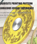 Golden textured lazy Susan with decorative pattern, highlighting smooth rotation feature.
