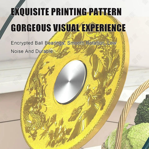 Golden textured lazy Susan with decorative pattern, highlighting smooth rotation feature.