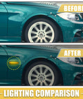 Lighting comparison showing before and after installation of Mitsubishi Lancer Front LED Side Marker Lights Pair With Black Lens And Yellow Turn Signals 8351A001 Sidemarker Lamps For Lancer 2008 2017 Evo X Mirage Outlander Outlander Sport 2007 2022