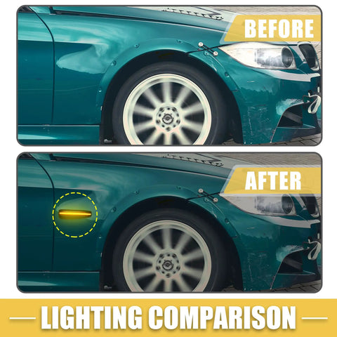 Lighting comparison showing before and after installation of Mitsubishi Lancer Front LED Side Marker Lights Pair With Black Lens And Yellow Turn Signals 8351A001 Sidemarker Lamps For Lancer 2008 2017 Evo X Mirage Outlander Outlander Sport 2007 2022