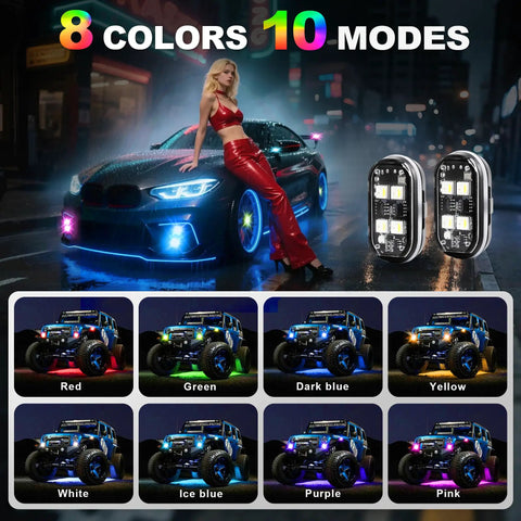 4 LED Cordless Strobe Lights With Remote Control, 8 color modes for cars and trucks, vibrant display with product image