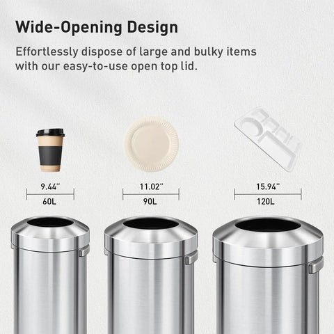 Heavy Duty 24 Gallon Round Stainless Steel Open Top Waste Bin Smooth Brushed Finish Tall Commercial Trash Can with wide opening design.