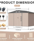 Diagram showing dimensions of 8x10 Ft Metal Outdoor Storage Shed with Sloped Roof, Lockable Door and Air Vents for Backyard, Patio, and Lawn.