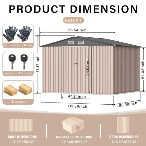 Diagram showing dimensions of 8x10 Ft Metal Outdoor Storage Shed with Sloped Roof, Lockable Door and Air Vents for Backyard, Patio, and Lawn.