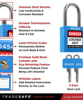 Diagram of Blue Lockout Tagout Padlock Set With Seven Keyed Different Locks And Two Keys Per Lock, OSHA Compliant Safety Locks showing features.