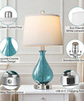 Cool Blue Ice Crackle Glass Table Lamps Set Of 2 22.5 Inch LED Lights With Touch Control And 3 Way Dimming White Fabric Shade Sleek Modern Bedside Lamps For Living Room And Bedroom Decor showing detailed components and features