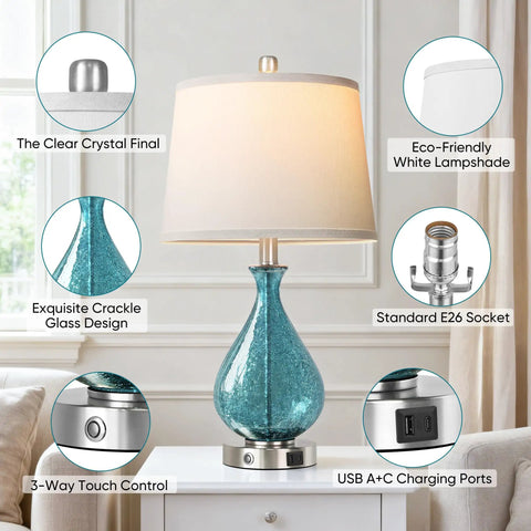 Cool Blue Ice Crackle Glass Table Lamps Set Of 2 22.5 Inch LED Lights With Touch Control And 3 Way Dimming White Fabric Shade Sleek Modern Bedside Lamps For Living Room And Bedroom Decor showing detailed components and features