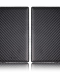 Slick Carbon Fiber Black Car Registration And Insurance Card Holder With Fast Flip Clear Window, front and back view, slim design.