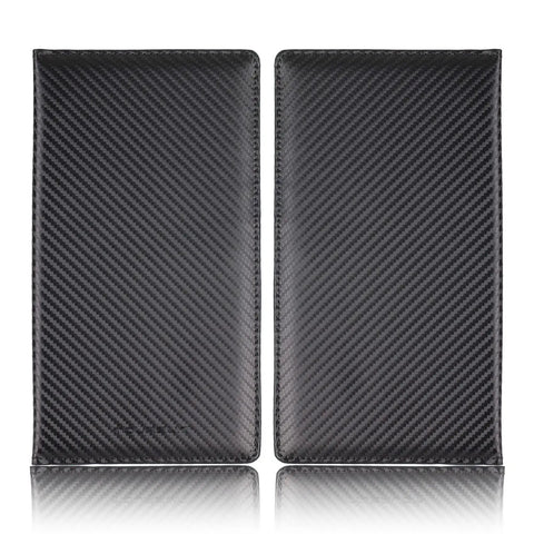 Slick Carbon Fiber Black Car Registration And Insurance Card Holder With Fast Flip Clear Window, front and back view, slim design.