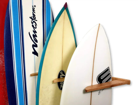 Vertical Timber Wall Rack That Holds 6 Surfboards For Home Or Garage Beefy Natural Hardwood Mount With Cork Padded Arms To Prevent Dings Stylish Furniture Quality Display That Keeps Boards Safe Organized And Ready To Ride