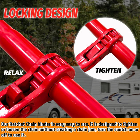 Close-up of locking design on Beefy Heavy Duty Ratchet Chain Binders Three Eighths To One Half Inch With G70 Grab Hooks