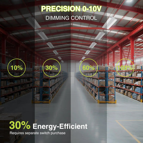 210W LED Linear High Bay Shop Light With Large Central Lighting Area 31500 Lumens 120 To 277 Volt 0 To 10V Dimmable 5000K Cool White UL Listed Industrial Lighting For Warehouse Garage Workshop with dimming control in warehouse